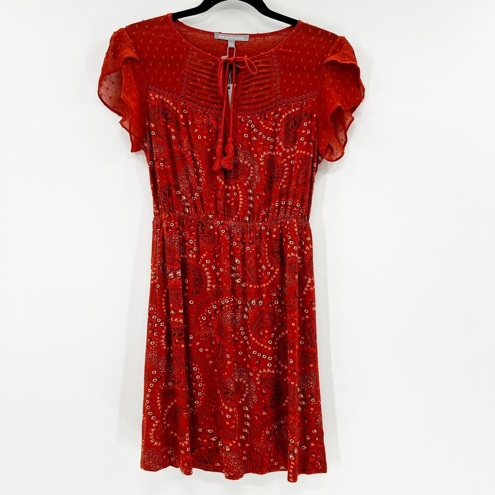 NWT Danielrainn Women's Red Paisley Floral Tassel Mini‎ A Line Dress PXS